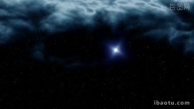在黑暗的星空中，在太空深处的一个星云，明亮的被照亮的物体UFO起飞和